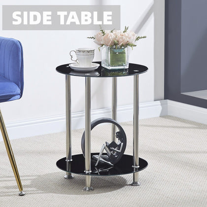 2 Tier Round Black Tempered Glass Sofa Side End Table Bedside Table with Storage