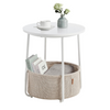 Modern White Round Side Table with Beige Storage Basket – Space-Saving & Stylish