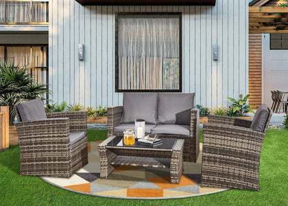 4 Piece Mix Grey Rattan Garden Sofa Set Outdoor Furniture Table Chairs & Cushion