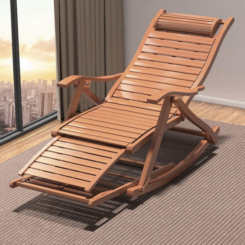 BambooWood Deck Rocking Chair Patio Garden Outdoor Sun Lounger Reclini ...
