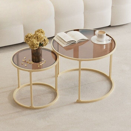 2PCS Round Metal Glass Coffee Table Nesting Sofa Side End Tables Accent Tables