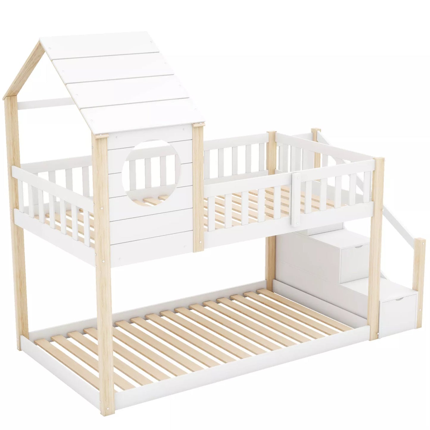 3FT Treehouse Bunk bed Cabin Bed Frame Mid-Sleeper with Storage Ladder 90x190 cm