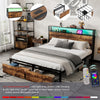 Double Metal Bed Frame with LED, Charging Station, Storage Headboard and Drawers