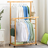 Rolling Bamboo Clothes Rail Garment Rack Long Dress Hanging Rod Side Pant Holder