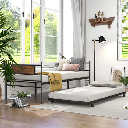 3FT Retro Single Bed Mattress Foundation Metal Trundle Bed w/Wheels