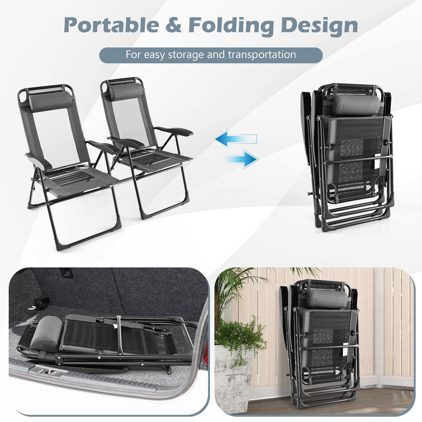 Patio Folding Chairs Set of 2 Outdoor Reclining Chairs Adjustable Outdoor Lounge
