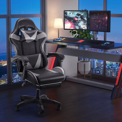 Massage Gaming Chair Leather Racing Office Executive Recliner with Leg Rest Grey