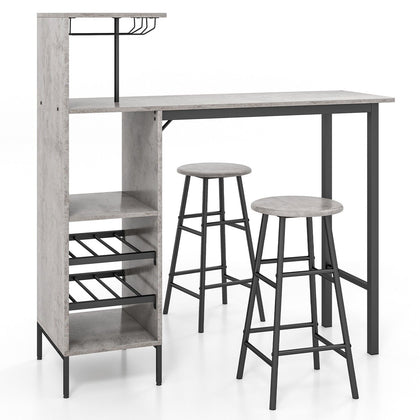 3PCS Bar Table & 2 Stool Industrial Kitchen Dining Set W/ Wine Rack Glass Holder