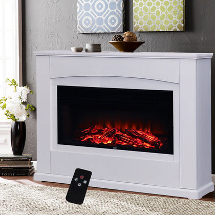 Modern 2KW Electric Inset Fireplace Heater Fire Place White Wooden Mantel Indoor