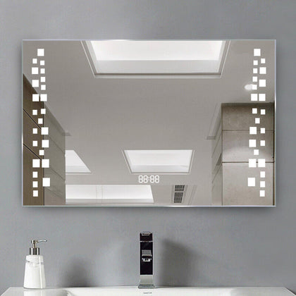 Large Bathroom Mirror Wall Hung Cube/Orb Light With Socket Sensor Demister Clock