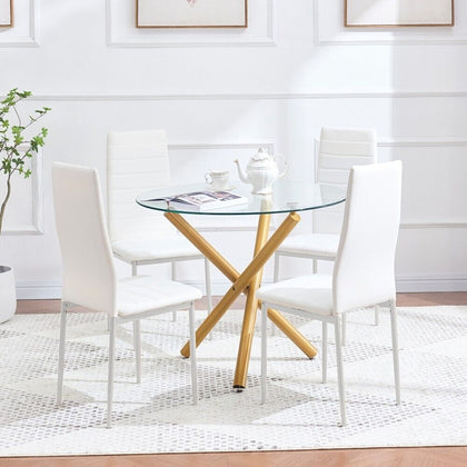 4pcs White Faux Leather Dining Chairs & Round Glass Dining Table Golden Legs Set