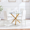 4pcs White Faux Leather Dining Chairs & Round Glass Dining Table Golden Legs Set