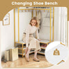 Corner Garment Rack L-shaped Clothes Rack w/ Shoe Bench-White