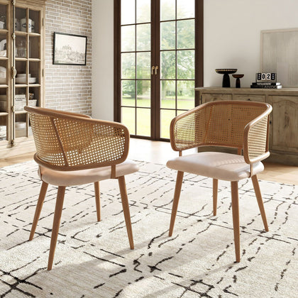Modern Dining Chairs Set of 2 with Rattan Backrest & Upholstered PU Padded Seat
