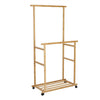 Natural Bamboo Clothes Rack Thicken Double Rod Rolling Garment Organizer w/Wheel