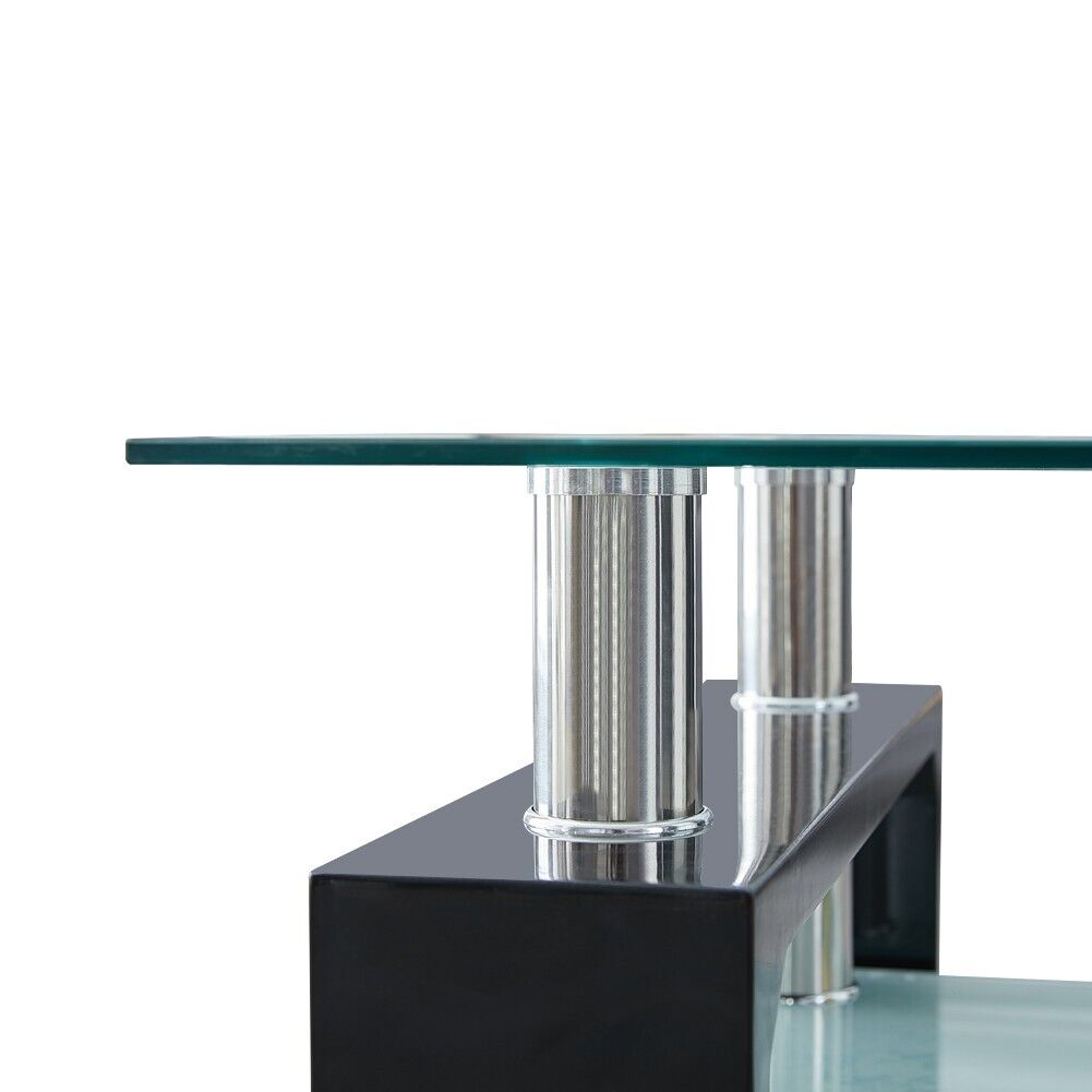 Modern Black Glass Coffee Table MDF Shelf Storage Living Room Rectangular