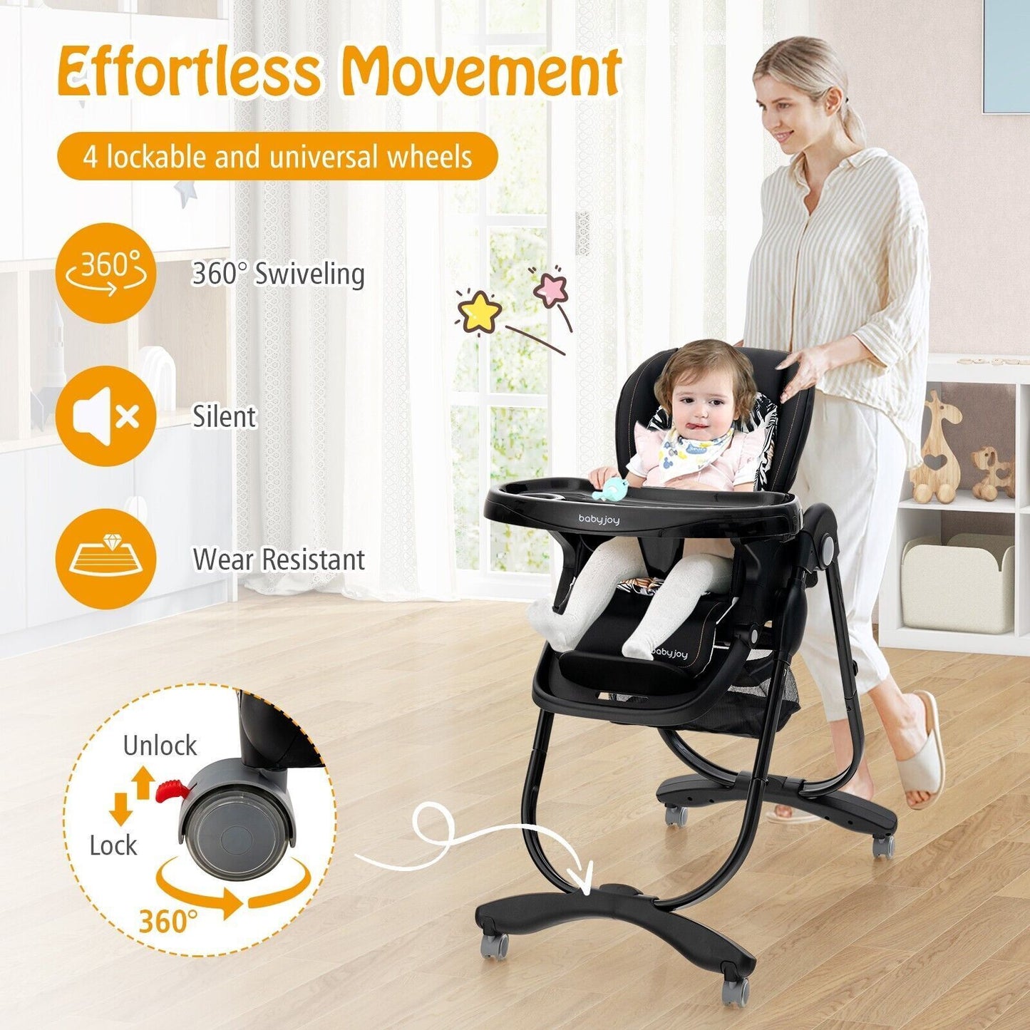 Folding Baby High Chair Adjustable Convertible High Chair W/ Removable Meal Tray