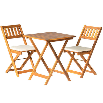 3PCS Wooden Folding Bistro Set Acacia Wood Table Chair w/ Cushions Outdoor Patio