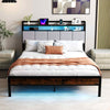 King Size Bed Frame w/ 2-Tier Storage & LED Light-Brown