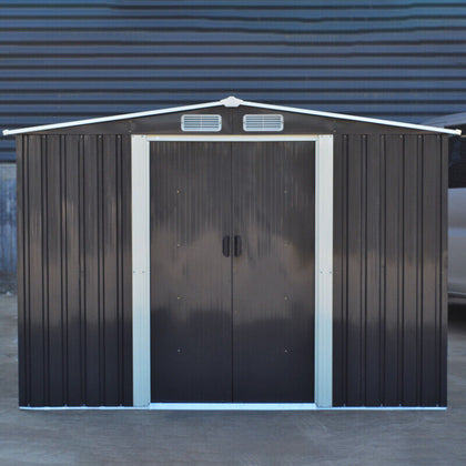 6x8ft Dark Grey Garden Shed Metal Galvanized Outdoor Storage Toolshed with Base