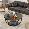Round Coffee Table, Wooden 2-Tier Circle Coffee Table with Storage Shelves,Grey