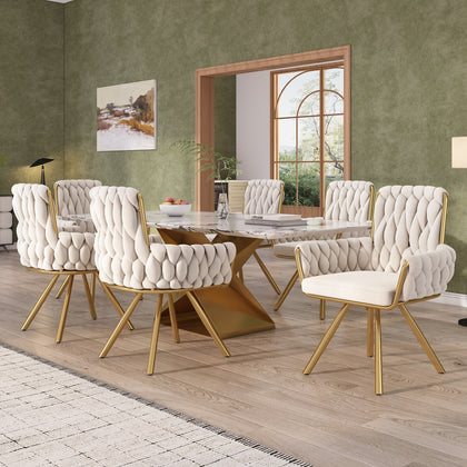 6Pcs Rotatable Dining Chairs Velvet Padded Metal Legs Kitchen Swivel Chair Beige