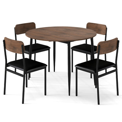 5 Pcs Dining Table Set Round Breakfast Kitchen Table and 4 Chairs-Brown