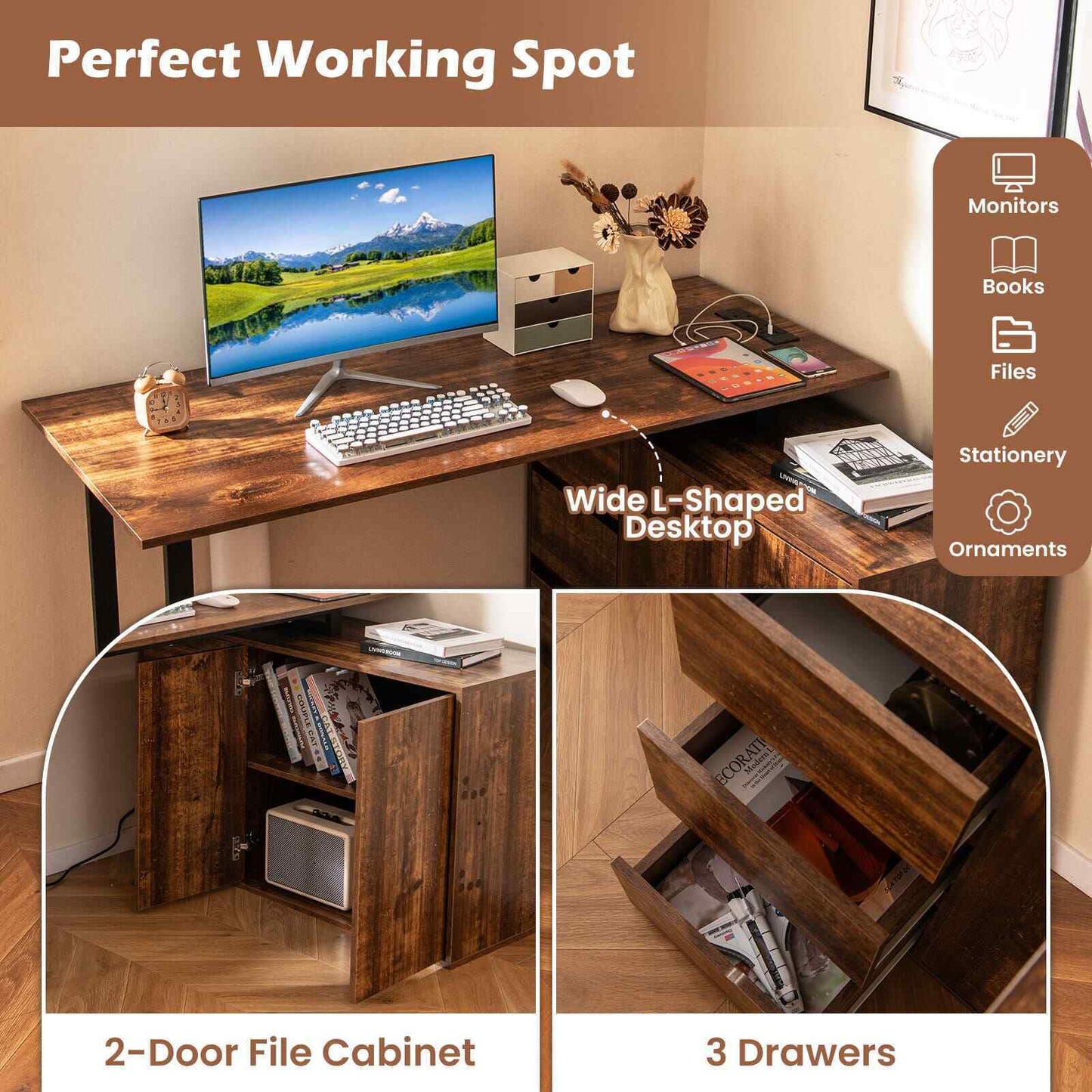 138 cm Reversible Corner Computer Desk L-Shaped Desk with 3 Drawers