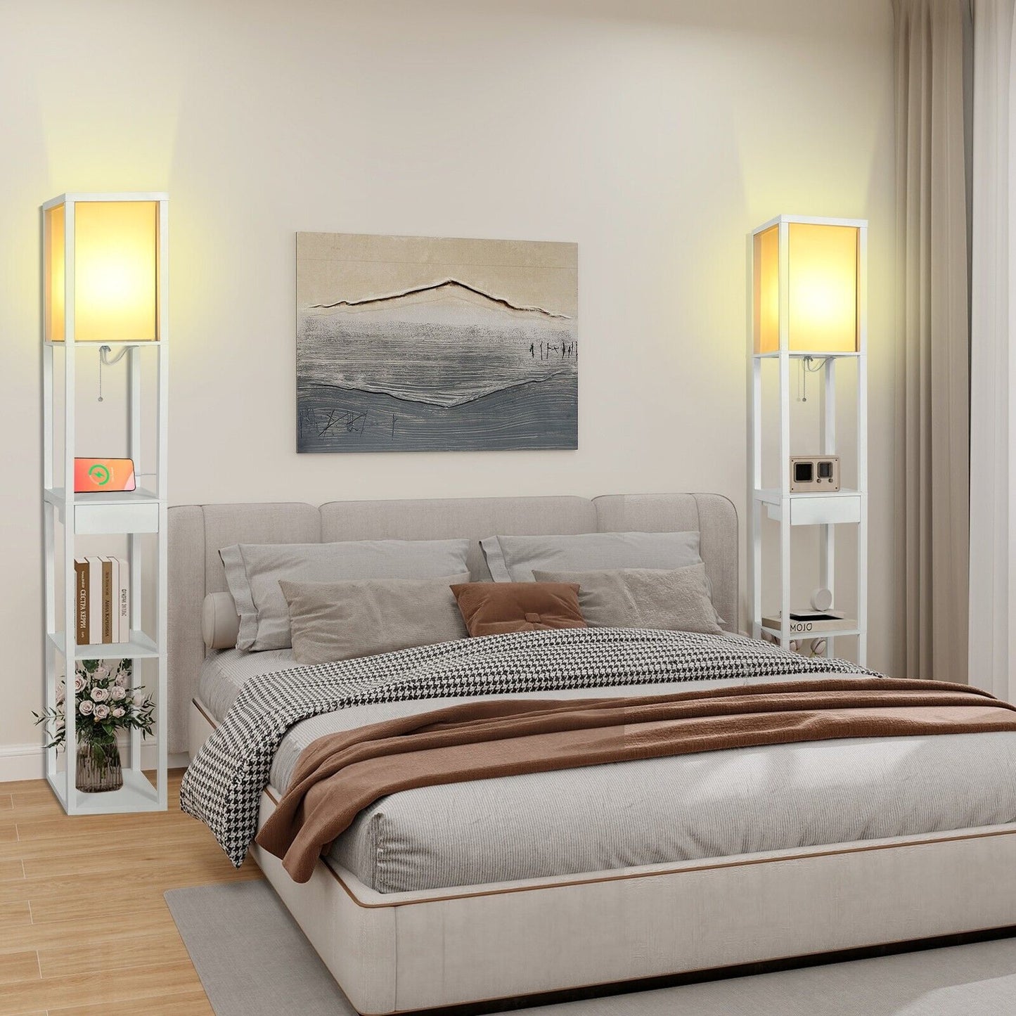 Wood Floor Lamp Modern Standing Light with Shelves USB Charging Port Drawer Bulb
