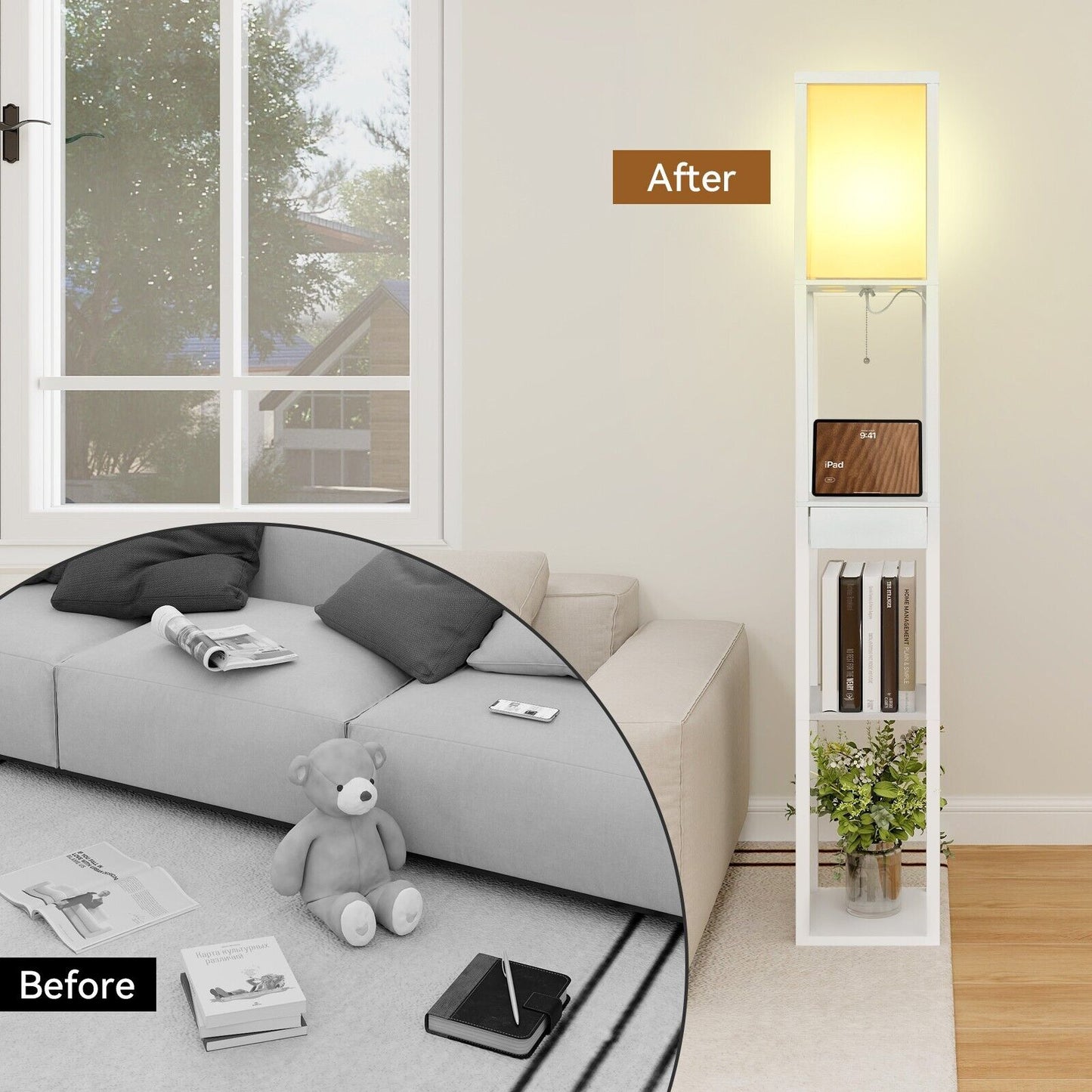Wood Floor Lamp Modern Standing Light with Shelves USB Charging Port Drawer Bulb