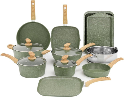 17Pcs Kitchen Cookware Pot Sets Granite Coated Nonstick Cooking Pan Set and Pot