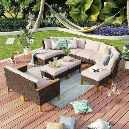 11 Piece Patio Conversation Sofa Set Wicker Outdoor Furniture Set with Cushioned