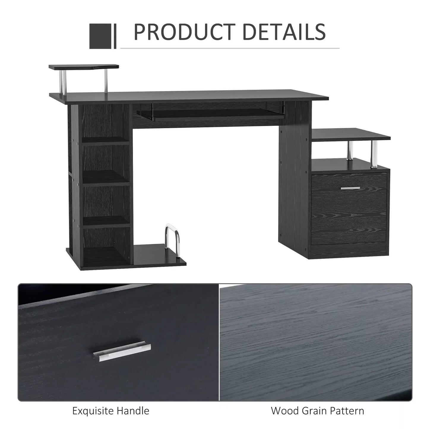 Modern Office Table Wooden Computer Work Desk Study Shelf Storage PC Rack Black