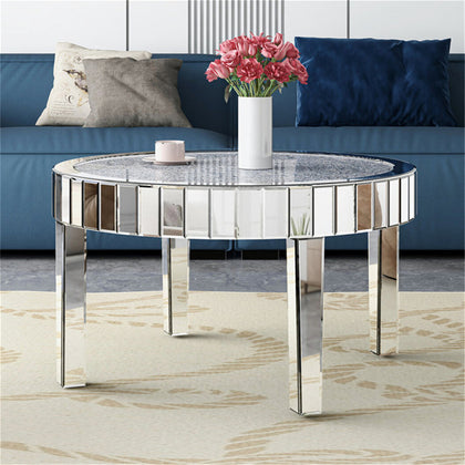 Luxury Mirrored Crush Floating Diamond Crystal Round Silver Sparkle Coffee Table
