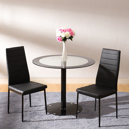 90cm Black Round Glass Dining Table Set + 2/4pcs PU Leather Chairs Dining Room