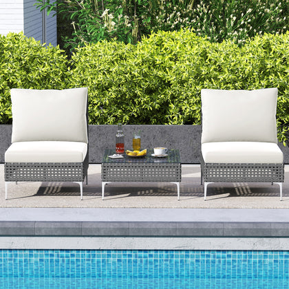 3 Pieces PE Rattan Conversation Set Patio Furniture Set White