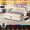 OTTOMAN STORAGE BED FRAME 4FT6 DOUBLE WITH STORAGE HEADBOARD & LED LIGHTS BEIGE