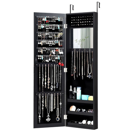 Mirrored Jewelry Cabinet Wall Mounted Hanging Jewelry Armoire Black