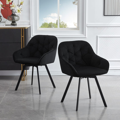 2x Black Rotatable Dining Chairs Velvet Seat Metal Leg Swivel Kitchen Modern