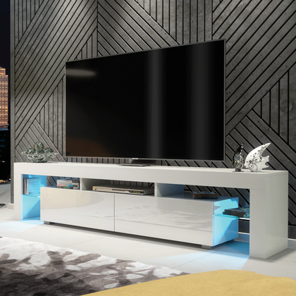Modern 200cm TV Unit Cabinet Stand | White High Gloss Doors | Free LED Lights