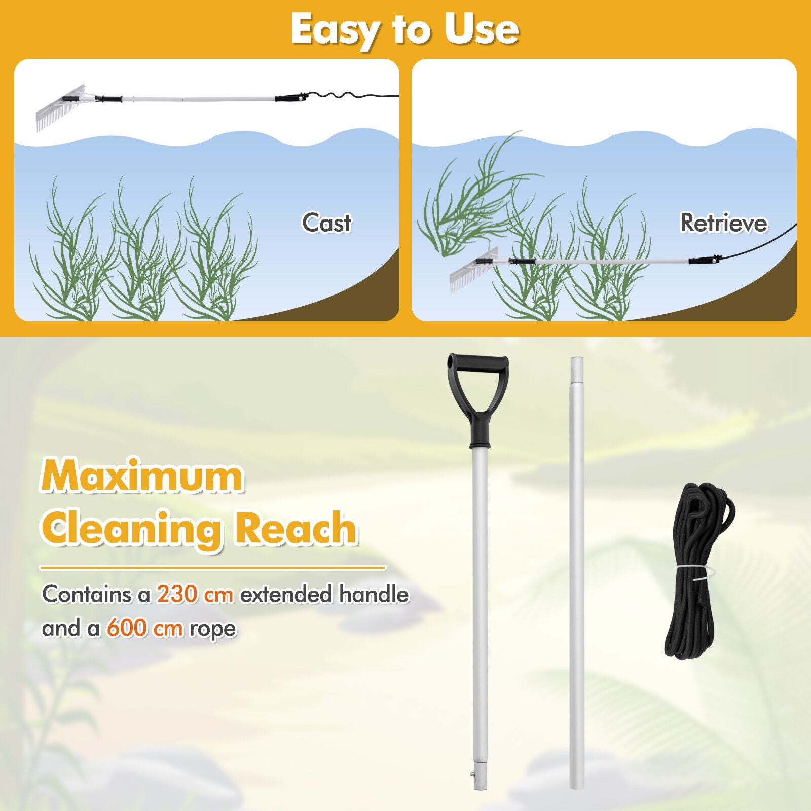 Floating Weed Lake Rake Foldable Aluminum Landscape Rake w/Adjustable ...