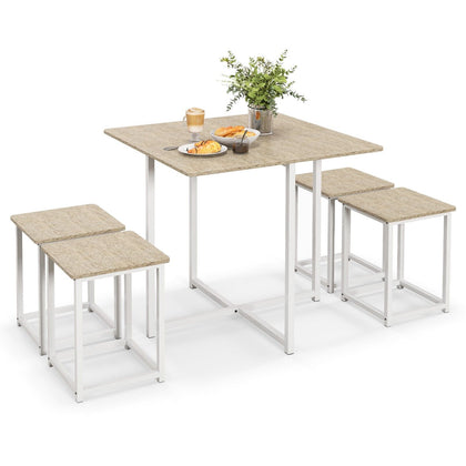 5-Piece Dining Table Set Metal Frame Kitchen Table and 4 Stools Space Saving