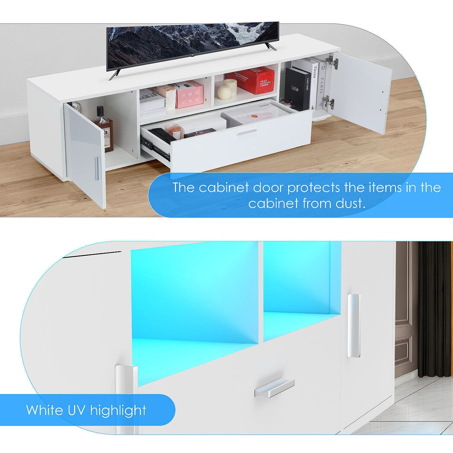TV Stand 160cm High Gloss TV Unit Cabinet Sideboard With LED Light & Drawers UK