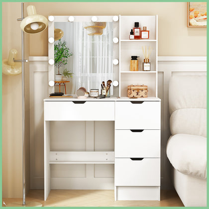 Modern 4 Drawers Dresser Table with 10 LED Bulbs Makeup Mirror Vanity Desk