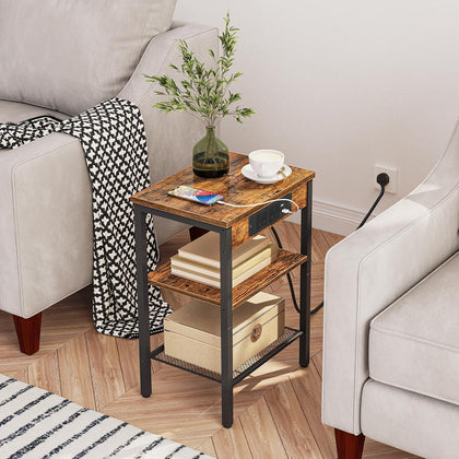 HOOBRO Side Table with Charging Station Bedside Table 3-Tier End Table Brown