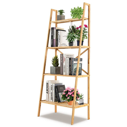 4-Tier Ladder Shelf Bamboo Bookshelf Bookcase Storage Organizer Plant Stand