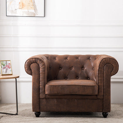 Luxury Distressed Tan Leather Reception Armchair Button Back Padded Seat Chair