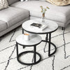 Nesting Coffee Table Set of 2, Marble-Effect Glass Round Side Tables, White