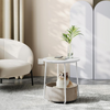 Modern White Round Side Table with Beige Storage Basket – Space-Saving & Stylish