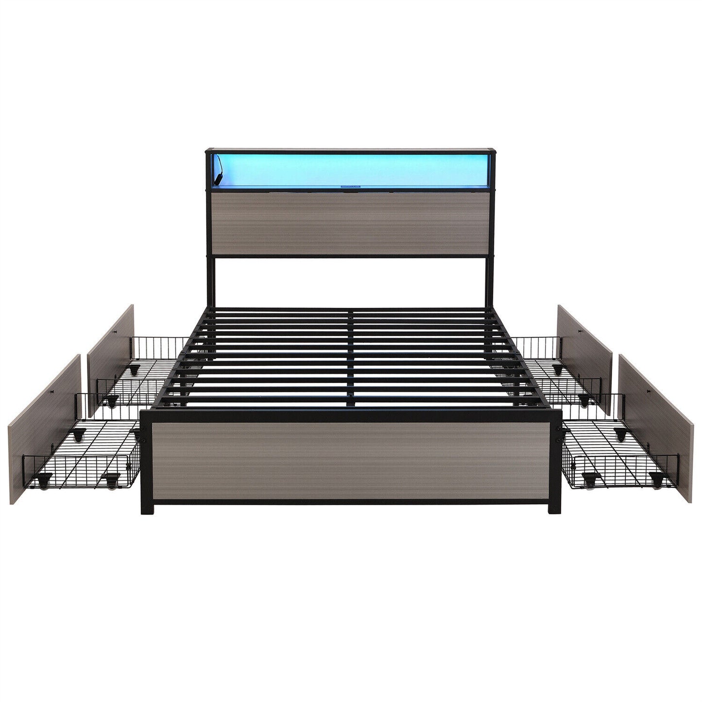 Double Bed Frame with LED Lights, 4 Drawers, Charging Station Metal Platform Bed